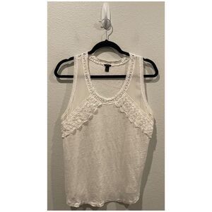 J.CREW Solid White Linen Lace Round Neck Tank Top